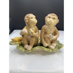 Kaldun Bogle Monkey Salt Pepper Shakers Ceramic Green Banana Leaf Plate Set 3pc